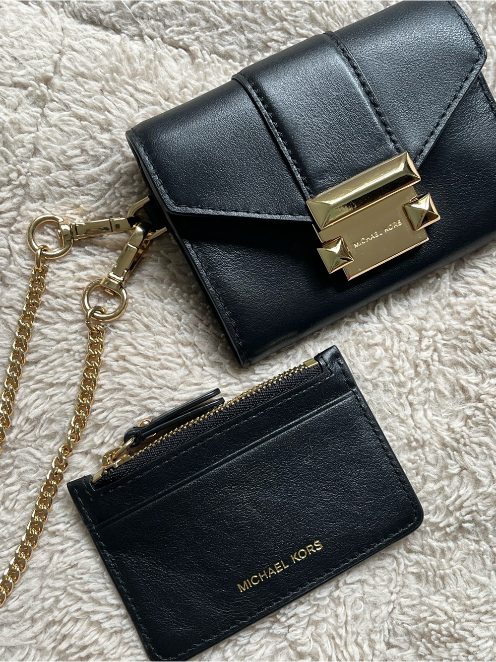 MICHAEL KORS Whitley Small Leather Chain Wallet Black & Gold Wristlet Clutch
